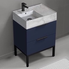 Modern Small Bathroom Vanity, Blue, 24 inch, Marble Style Sink, Free Standing
